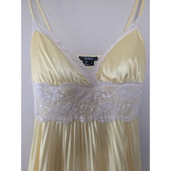 Vintage Y2K XOXO Babydoll Dress Yellow Lace Trim Pleated Slip Romantic Midi - Picture 6 of 11